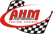 A red and white logo for ahm performance custom engines