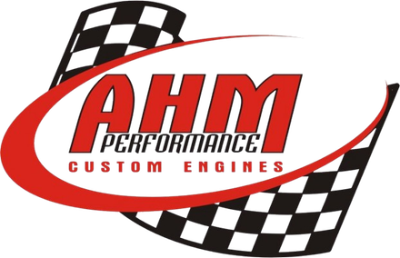 A red and white logo for ahm performance custom engines