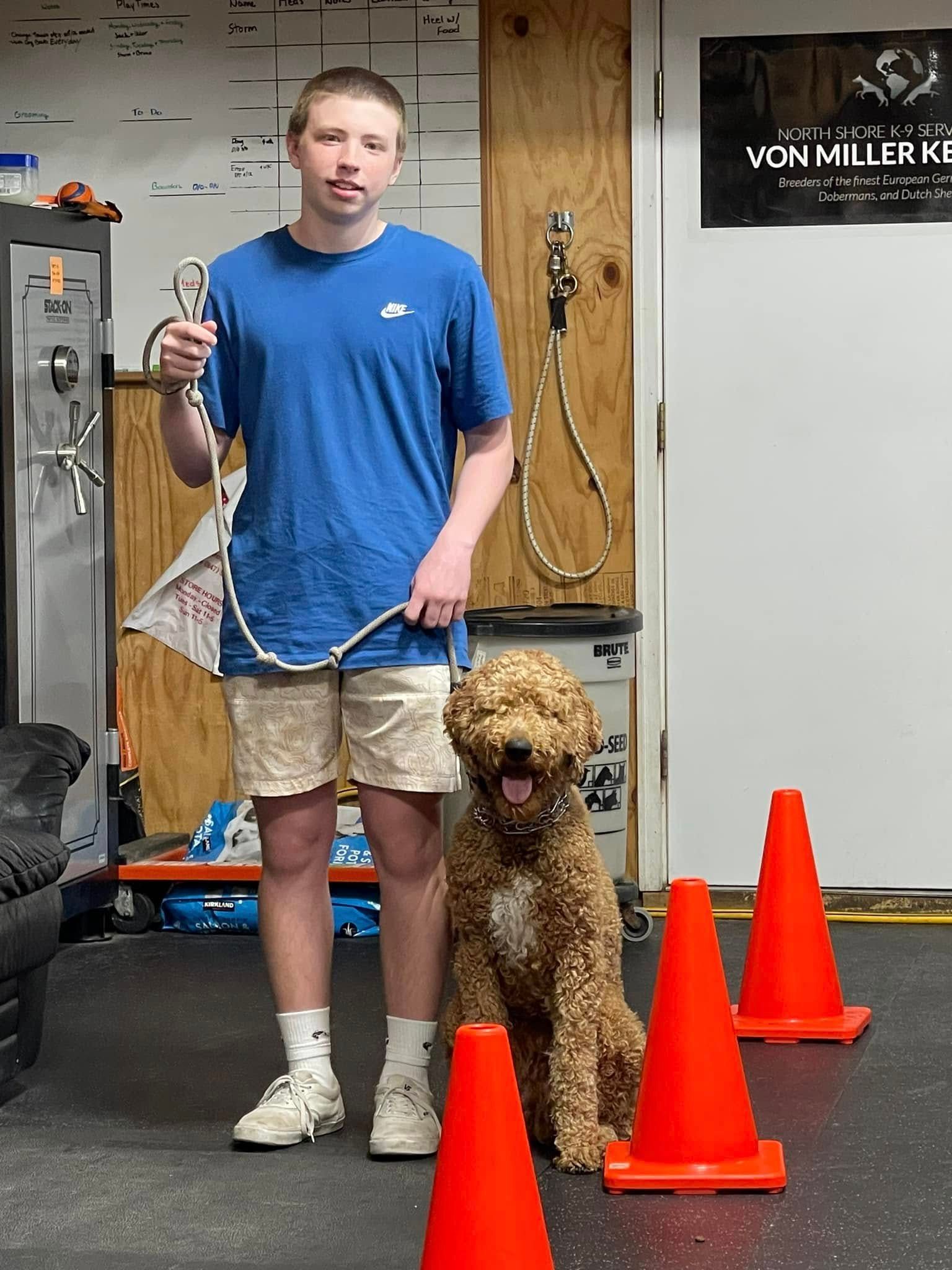 Man standing with a dog indoors beside orange cones, holding a leash in a training room