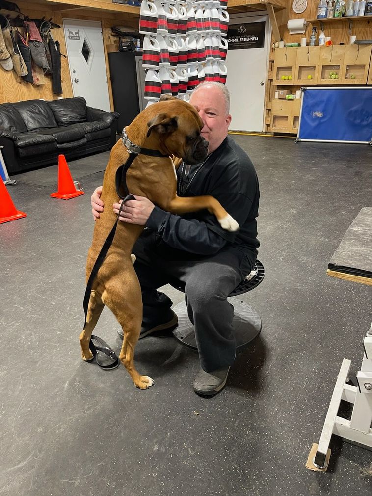 Man petting a large dog on a black couch in a wood-paneled room