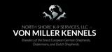 Black and white logo for Von Miller Kennels with globe and dog silhouette, text for German Shepherd, Doberman, and Dutch Shepherd breeders