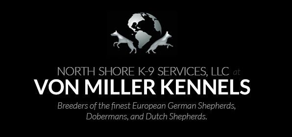 Black and white logo for Von Miller Kennels with globe and dog silhouette, text for German Shepherd, Doberman, and Dutch Shepherd breeders