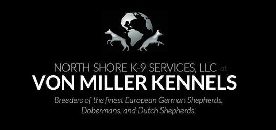 Black logo for Von Miller Kennels, North Shore K-9 Services LLC, with dog silhouette and breed text