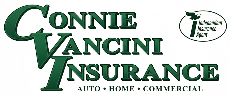 Connie Vancini Insurance logo in green text with &ldquo;Auto &bull; Home &bull; Commercial&rdquo; and an &ldquo;Independent Insurance Agent&rdquo; seal