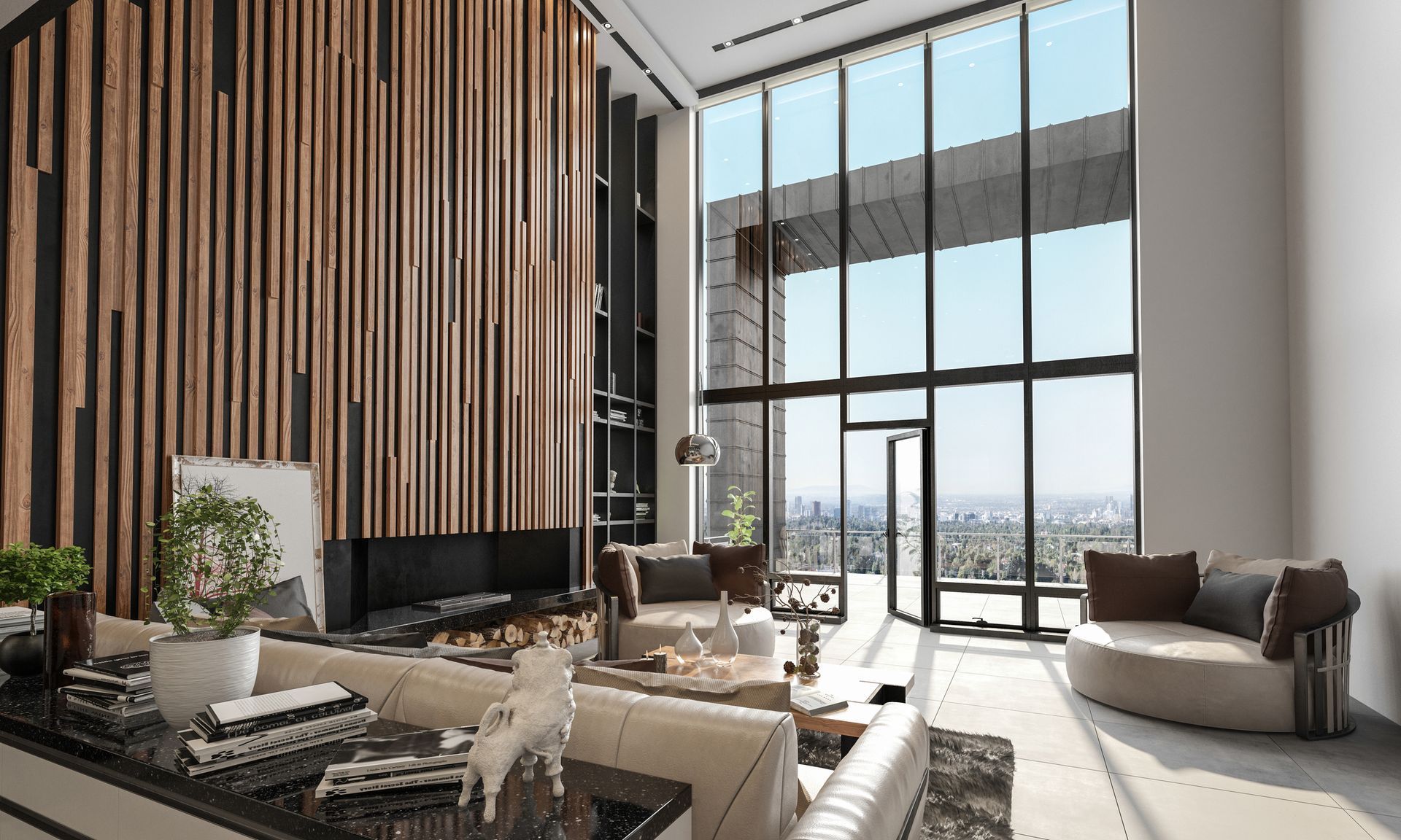 A living room with a lot of furniture and a fireplace | Building Services | Coastyle