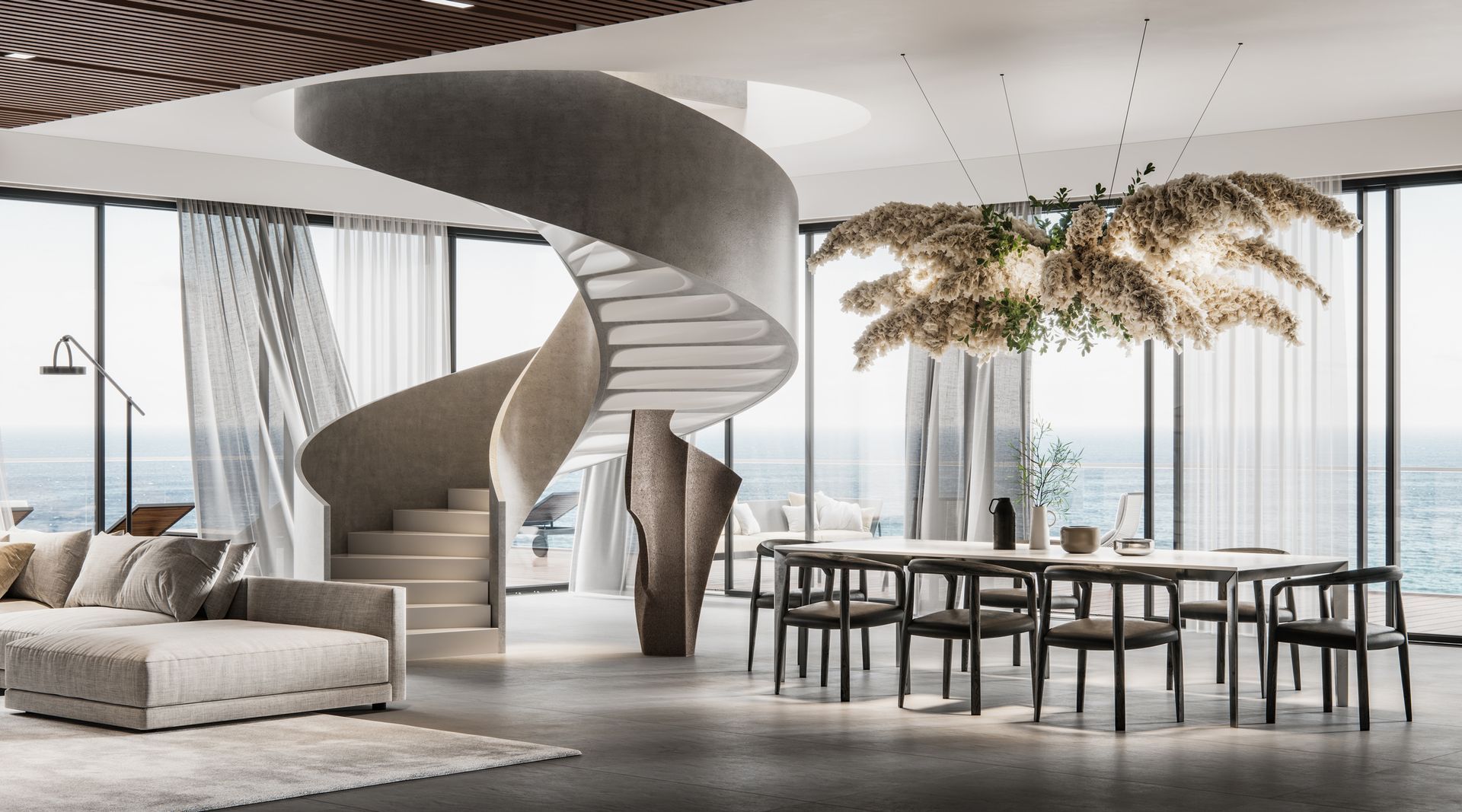 There is a spiral staircase in the middle of the room.