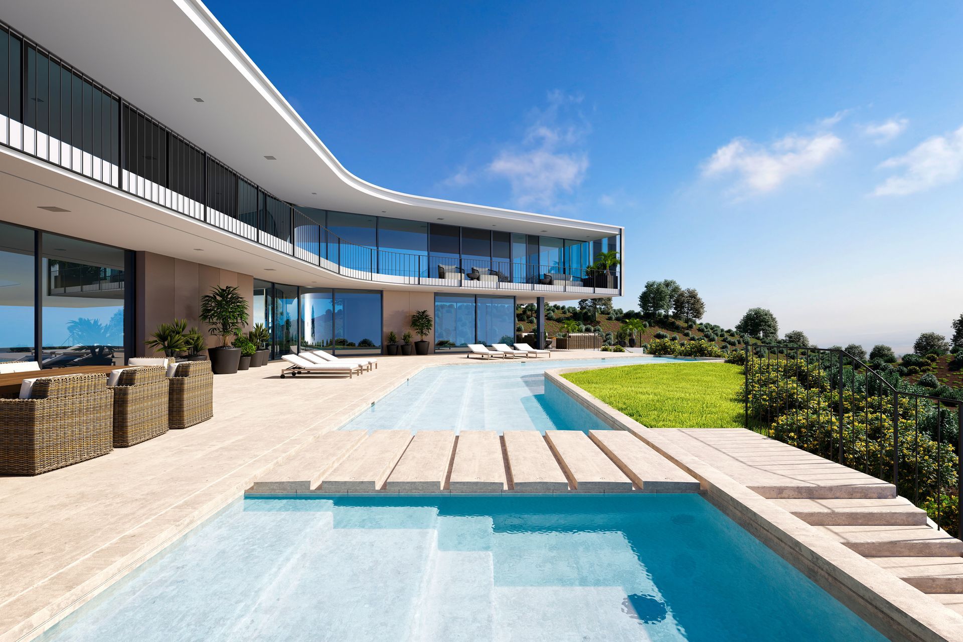A large house with a swimming pool in front of it