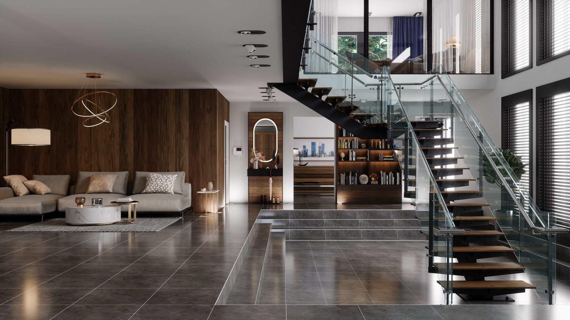 A living room with a glass staircase and a couch.