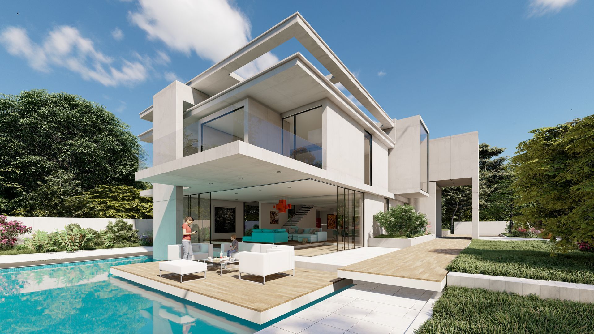 A modern house with a swimming pool in the backyard.
