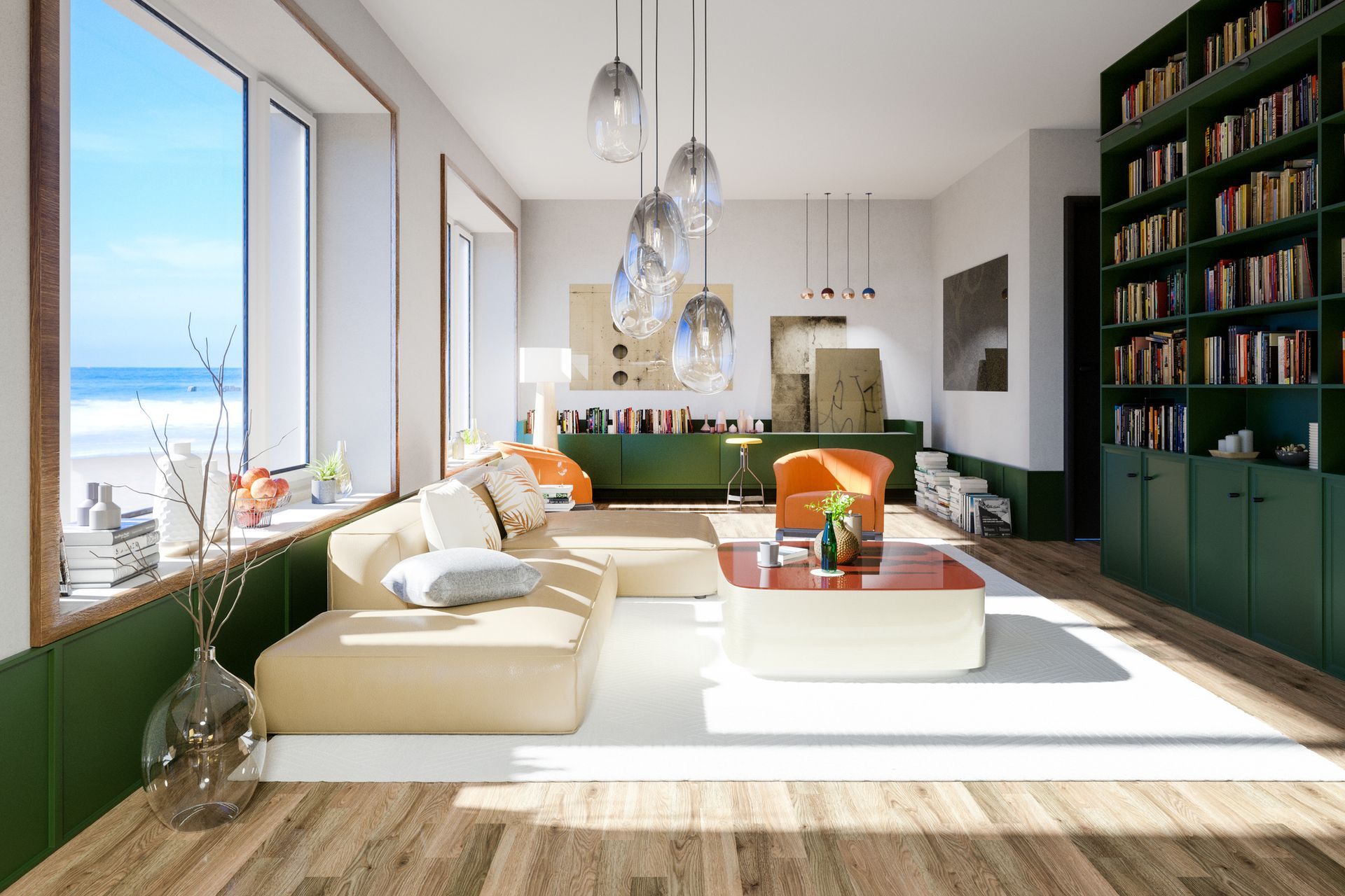 A living room with a couch , chairs , a coffee table and a bookshelf.