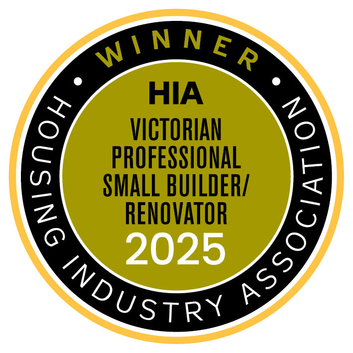 HIA Victorian Professional Small Builder/Renovator 2025 winner badge in gold and black.