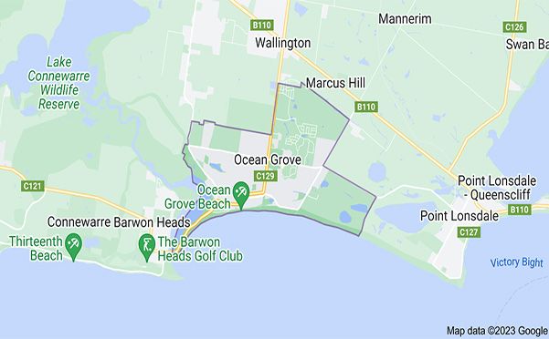 A map showing the location of a Ocean Grove and surrounding areas.