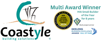 Coastyle Building Solutions logo with multiple builder awards including HIA and Geelong Business Excellence. Coastyle Building Solutions logo with multiple builder awards including HIA and Geelong Business Excellence.