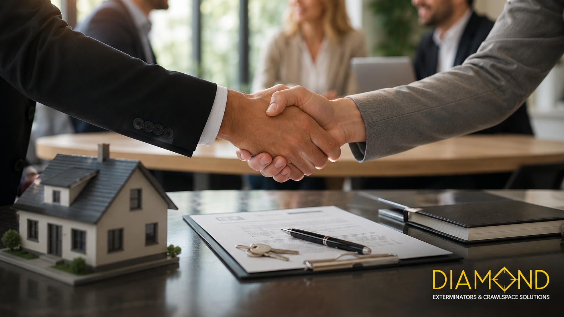 Two people shake hands over a house model and signed documents in a real estate office