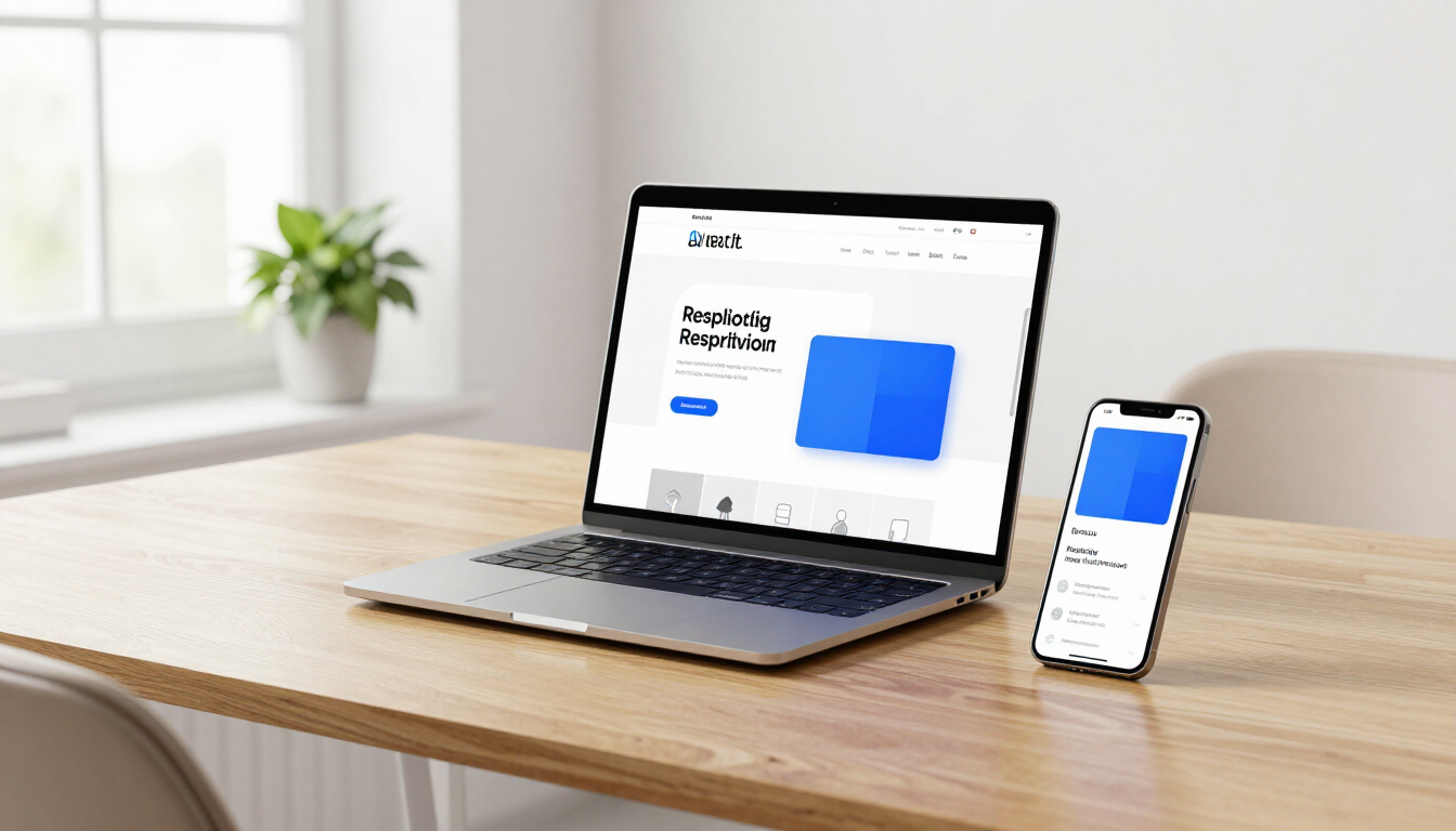 Responsive web design displayed on multiple devices in a West London office setting