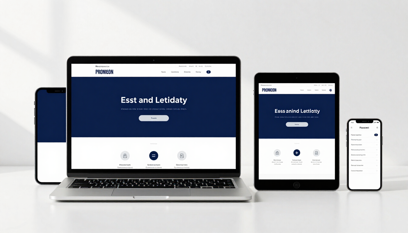 A modern responsive website design shown on multiple devices in a London office setting.