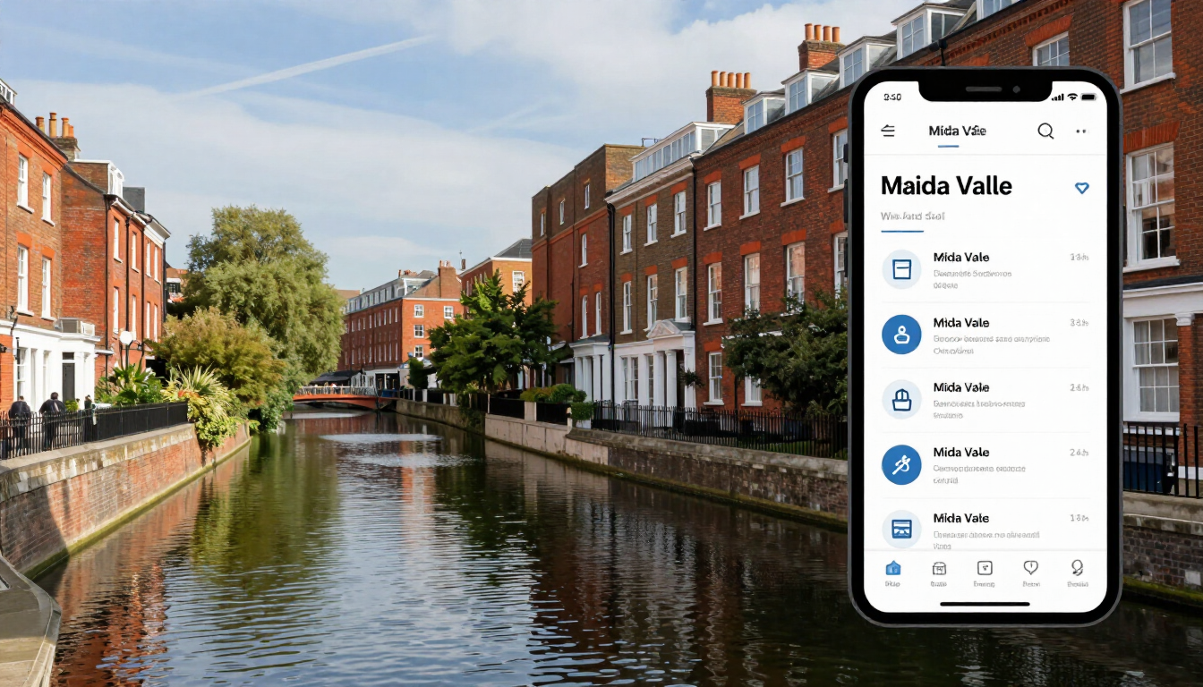 Mobile app for a local Maida Vale business shown on a smartphone in a London setting.