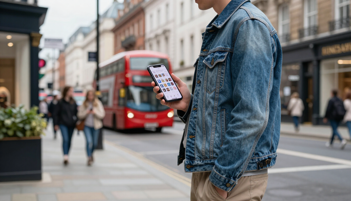 Person using social media in a busy London street