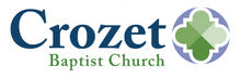 Crozet Baptist Church logo with blue text and a green-and-purple floral emblem