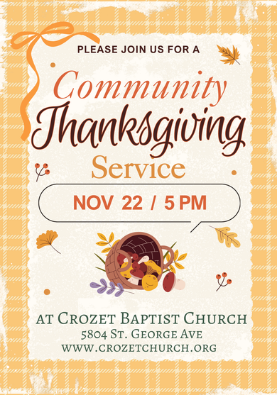 Crozet Baptist Church Fall Festival & Trunk or Treat poster, Oct. 25, 2026, with pumpkins and orange leaves
