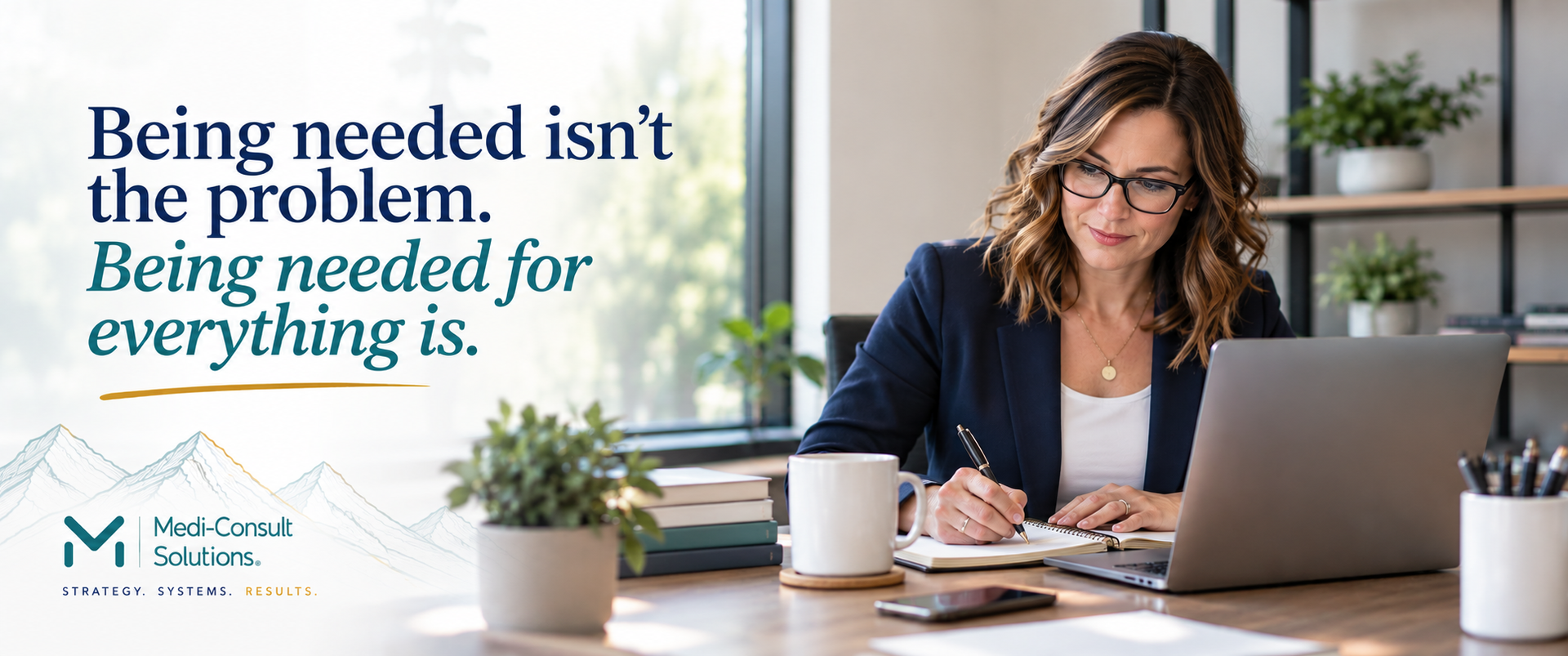 realistic, modern image of a small-business owner or practice leader working at a desk