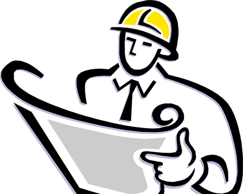 Architect wearing yellow hard hat, examining blueprints.
