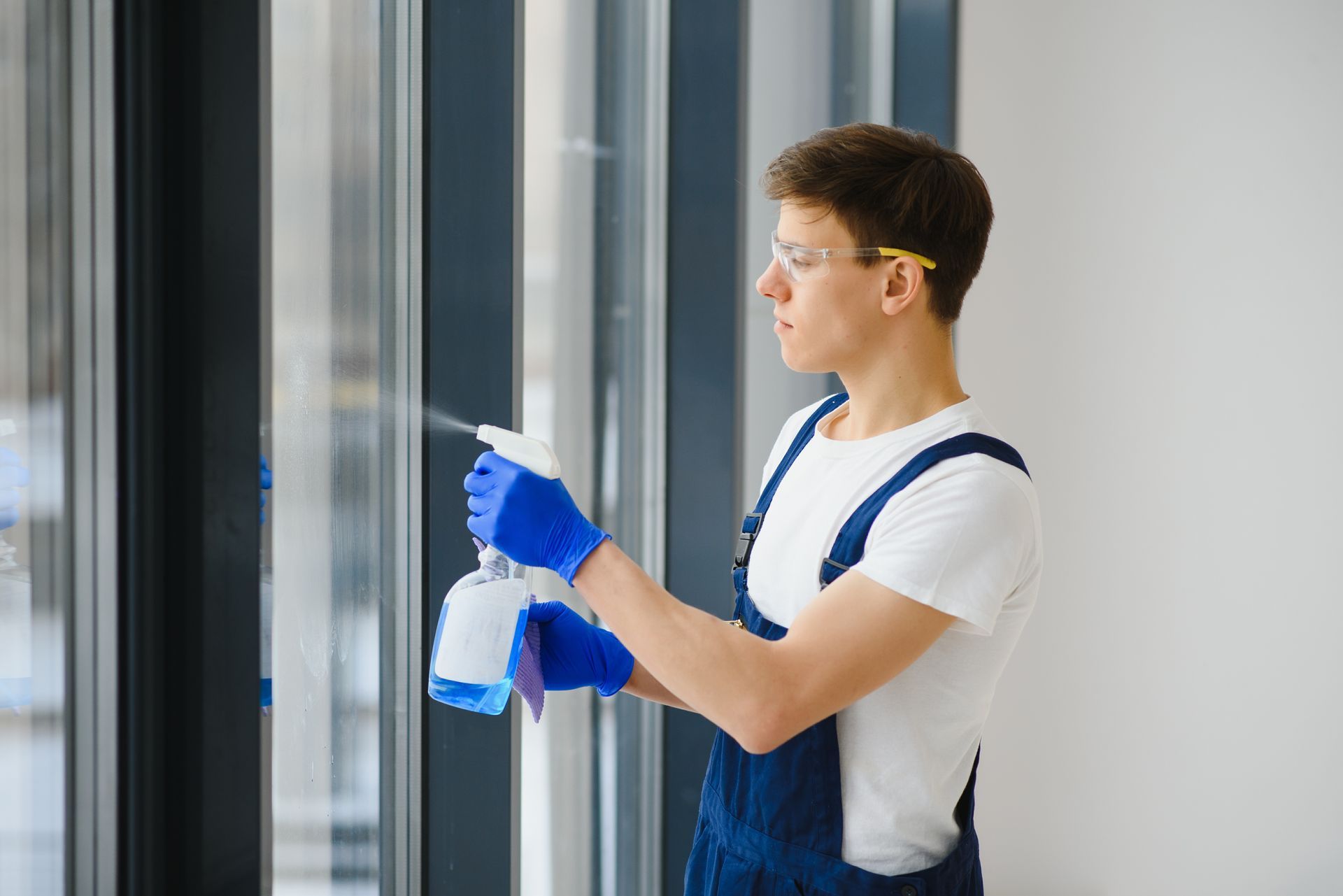 A man is cleaning a window with a spray bottle.