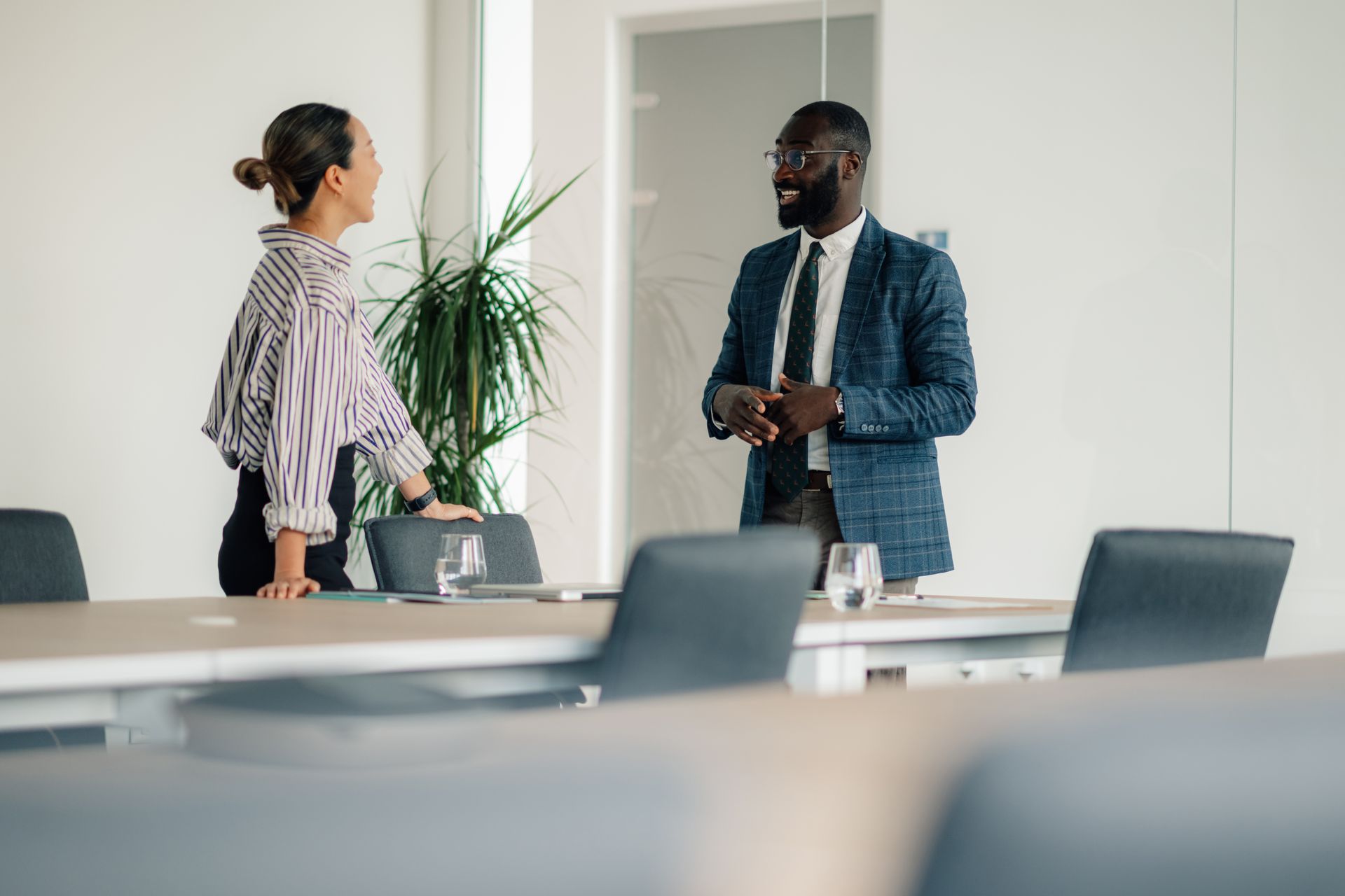 Two colleagues talk in a bright, modern office conference room with a wooden table, chairs, and a potted plant.