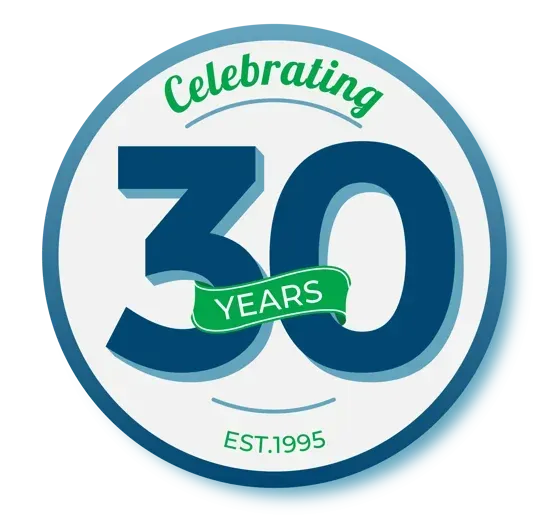 Logo celebrating 30 years. Features a blue 
