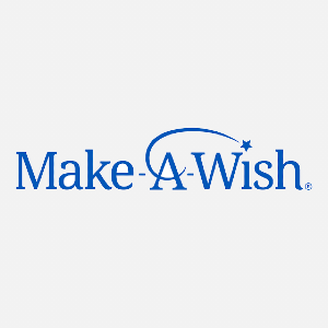 Make-A-Wish logo: Blue text with an arched blue line and star over