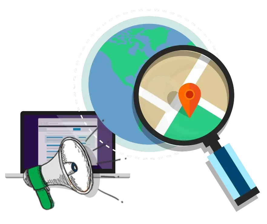 Laptop, Earth, magnifying glass over map pin, megaphone: Local search optimization.