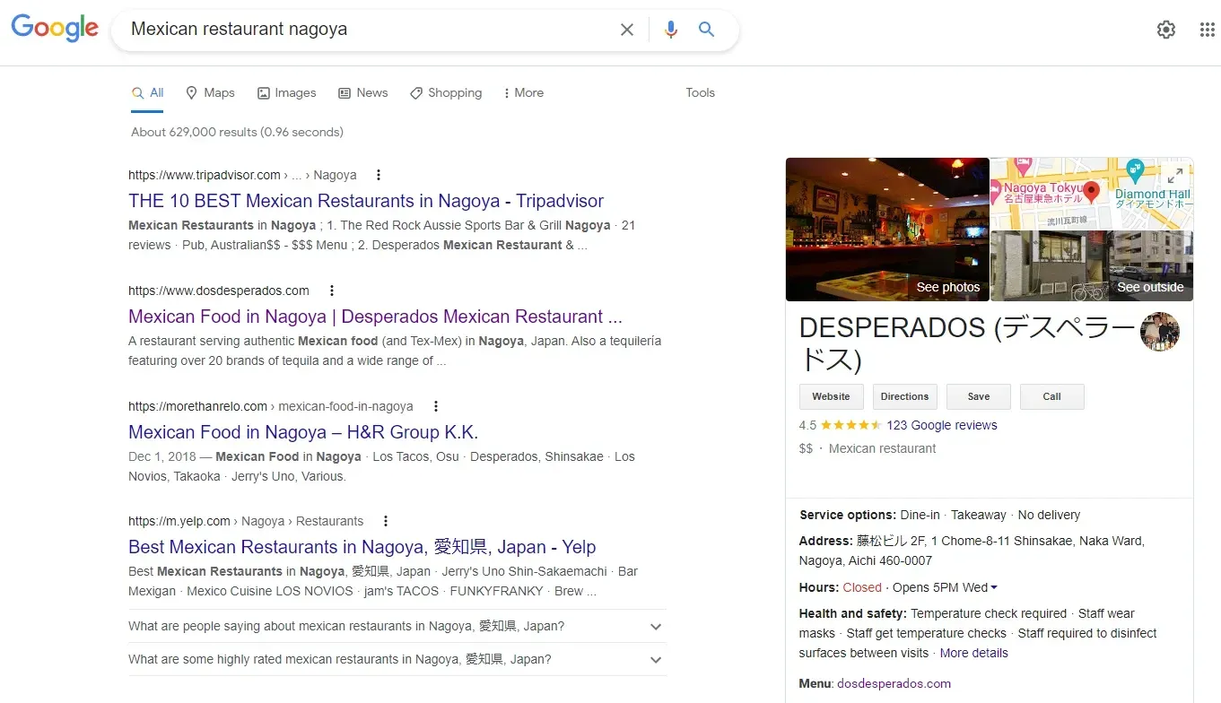 Google search results page for