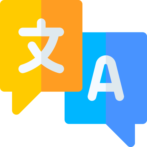 Two speech bubbles: one orange with Chinese characters, one blue with the letter