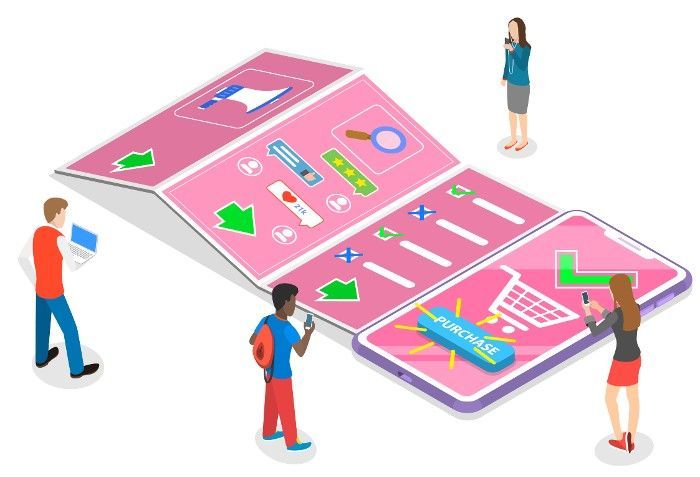 People interacting with a pink, unfolding phone interface; shopping cart, app icons, and user-generated content are visible.