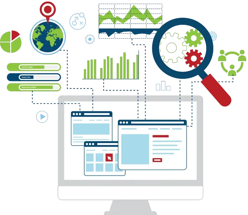 Computer screen with data charts, magnifying glass, and website windows, representing data analysis.