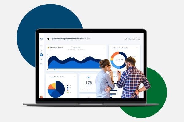 Two people reviewing digital marketing performance dashboard on laptop.