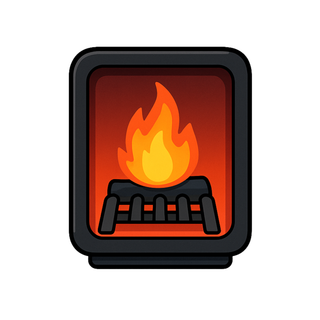 Fireplace with a burning fire and black frame.