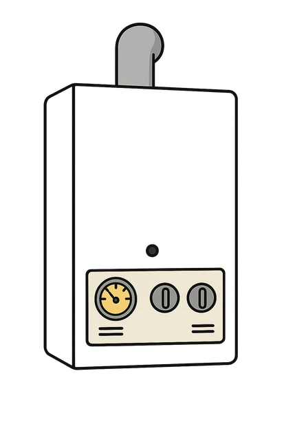 White gas boiler with a gauge and two control knobs.
