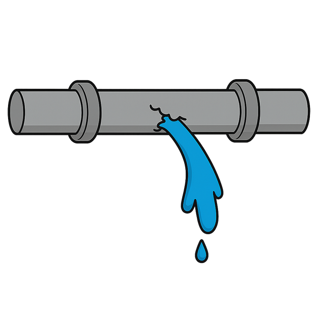 Leaking gray pipe, cracked, with blue water pouring out.