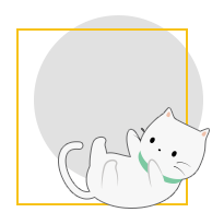Cartoon white cat lying on its back in front of a gray circle, outlined by a yellow square