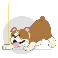 Cartoon bulldog stretching playfully, brown and white, with tongue out and a yellow border
