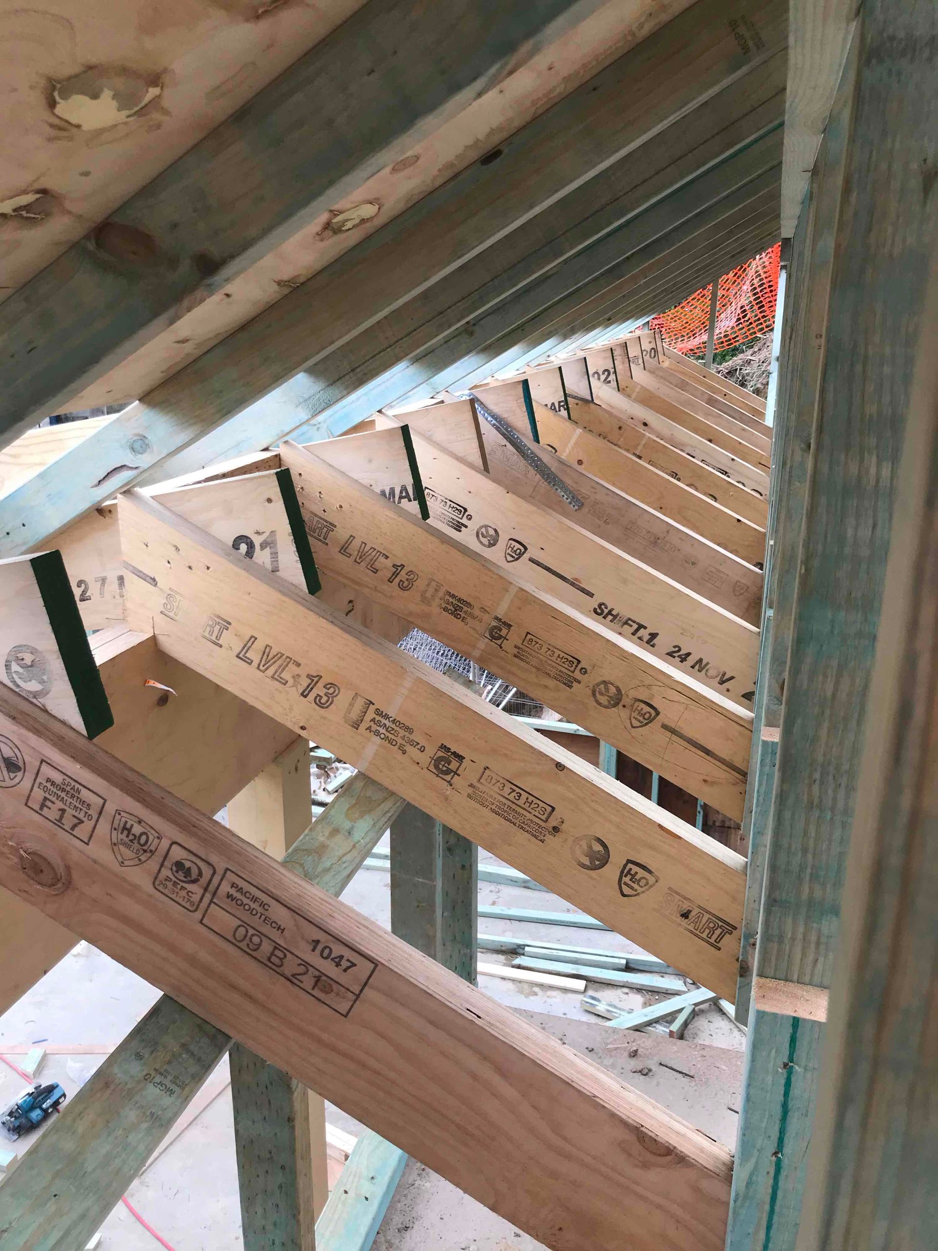 Wooden Roof Framing With Labeled Trusses and Beams — Lakecrest Projects in Belmont North, NSW