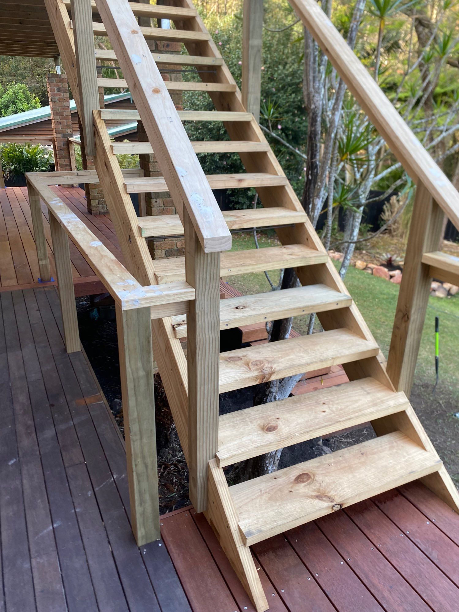 Wooden Outdoor Staircase Under Construction Beside a Deck — Lakecrest Projects in Belmont North, NSW