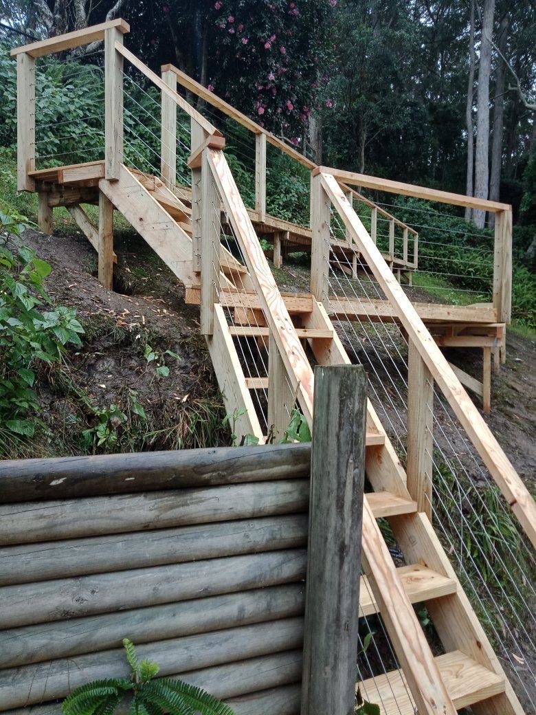 Wooden Outdoor Staircase With Railings — Lakecrest Projects in Belmont North, NSW
