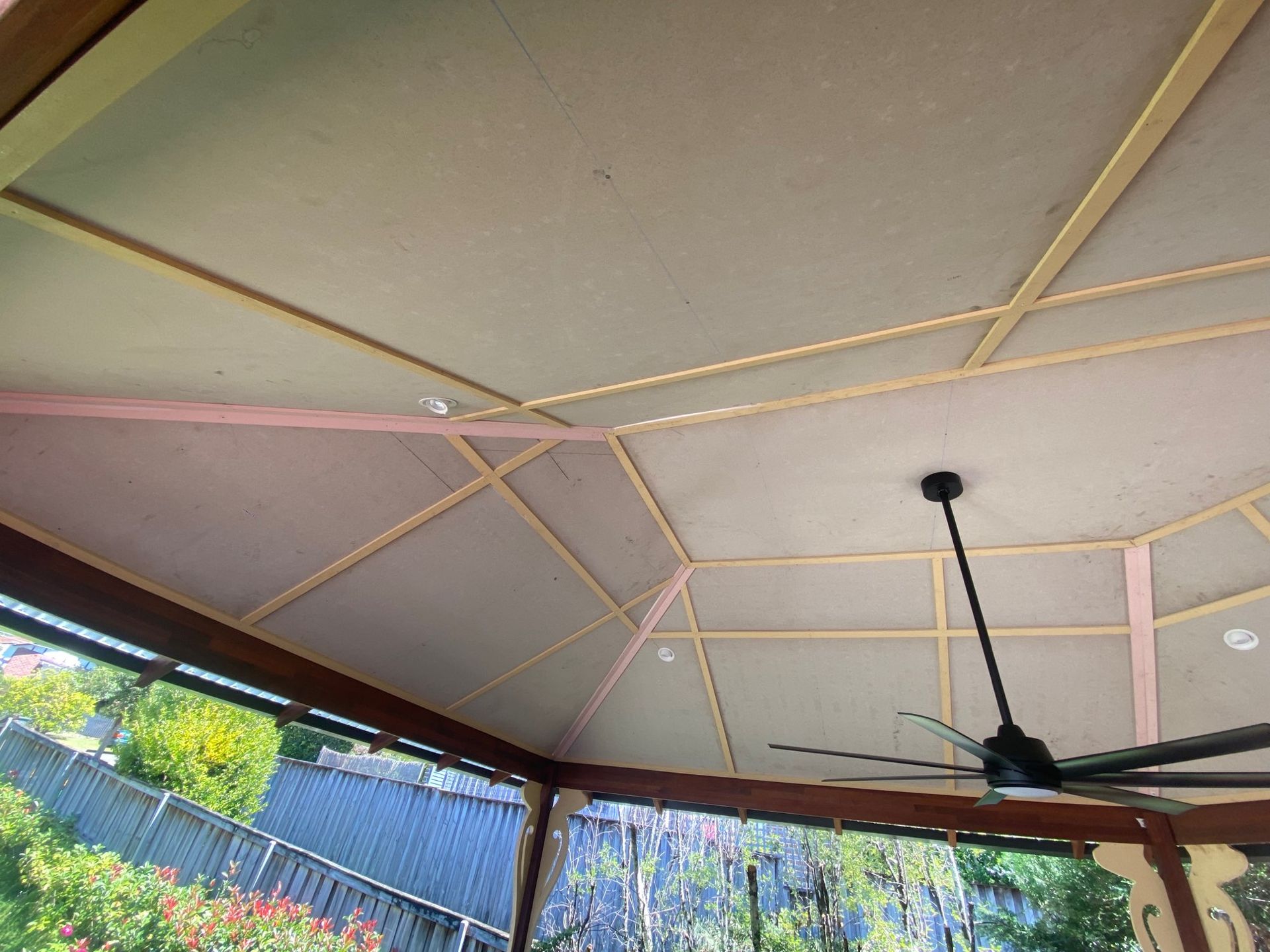 Covered Patio Ceiling With Beige Panels — Lakecrest Projects in Belmont North, NSW