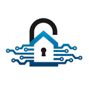 Blue house-shaped lock with keyhole, overlaid by a black padlock and connected to a blue circuit board on a white background.