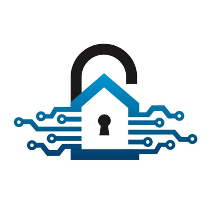 Blue house-shaped lock with keyhole, overlaid by a black padlock and connected to a blue circuit board on a white background.