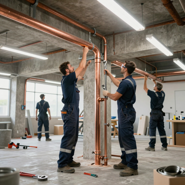 Technicians installing copper pipes in a bright unfinished industrial room
