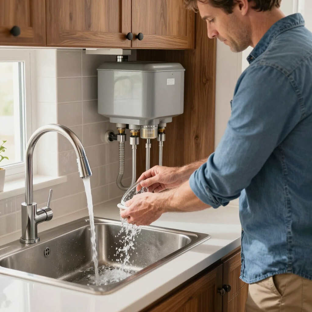 Person washing hands at a kitchen sink beside a water filtration system