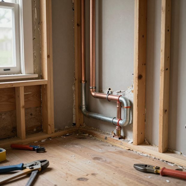Unfinished room with exposed wall studs, copper pipes, and tools on a wooden floor near a window